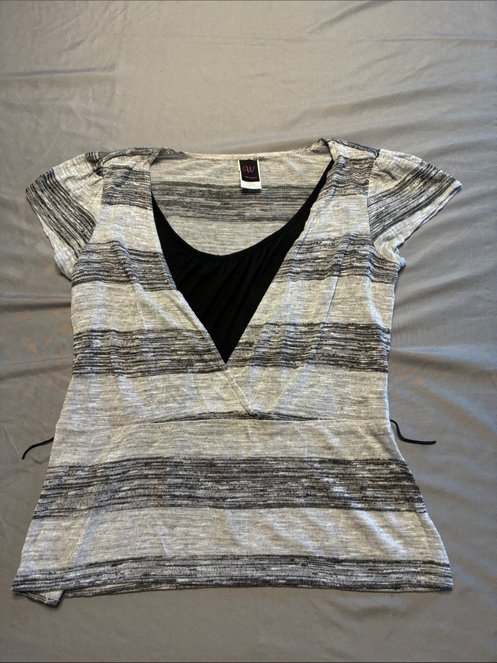 Wrapper Gray Striped Layered V-Neck Top with Black Inner Panel